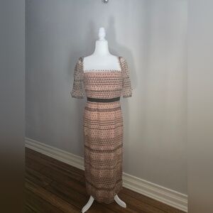 Self-Portrait Tan and Black Midi Dress with Puff Sleeves